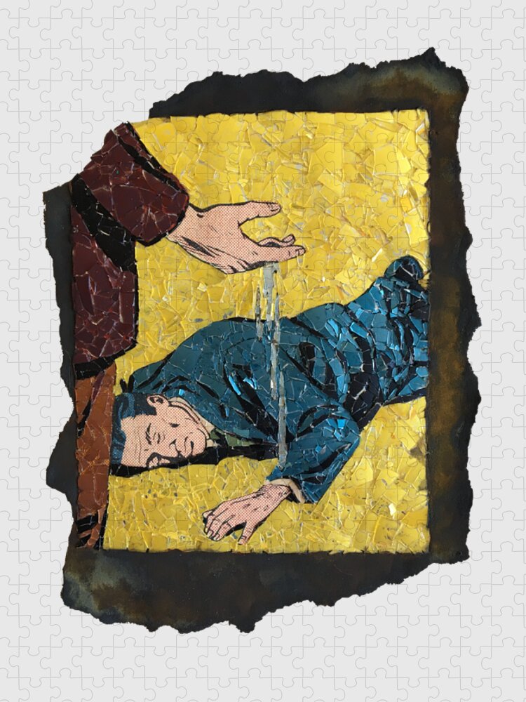 Glass Jigsaw Puzzle featuring the mixed media The Disk Melts in His Hand by Matthew Lazure