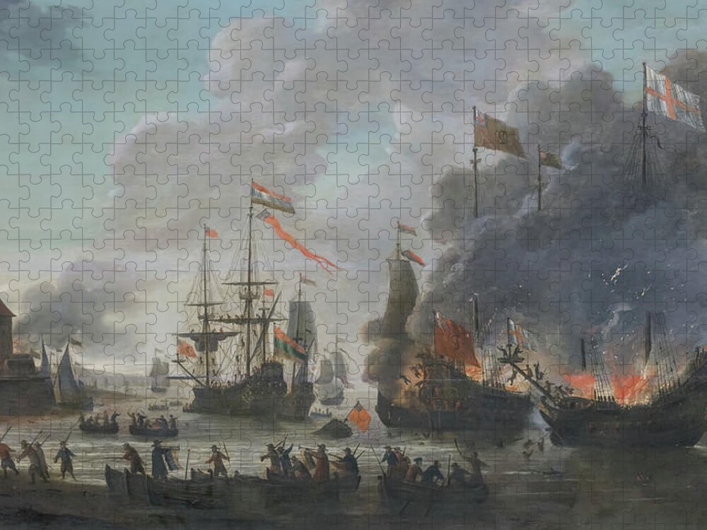 Dutch Jigsaw Puzzle featuring the photograph The Dutch burn English ships during the expedition to Chatham by Jan van Leyden