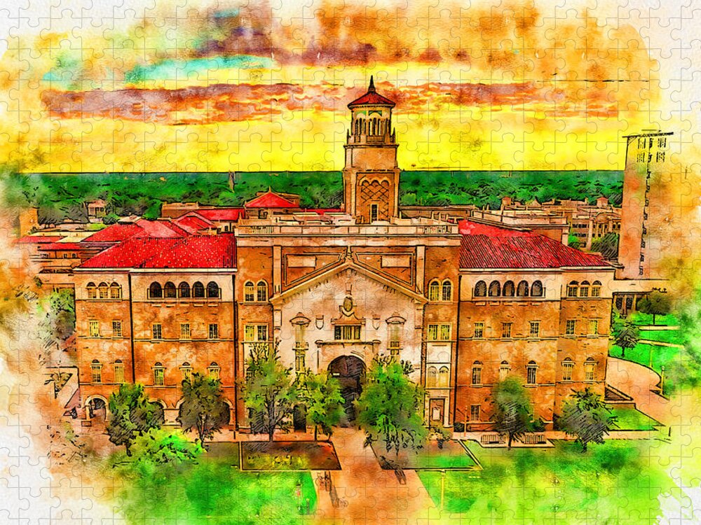 English And Philosophy Building Jigsaw Puzzle featuring the digital art The English and Philosophy Building of the Texas Tech University - pen and watercolor by Nicko Prints