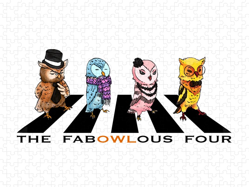 Fun Jigsaw Puzzle featuring the painting The FabOWLous Four by Miki De Goodaboom