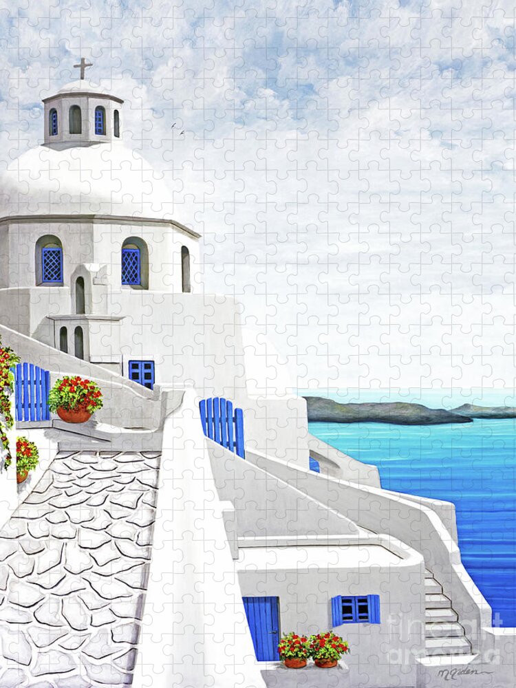 Santorini Jigsaw Puzzle featuring the painting The Face of Santorini-Print of painting-wider view by Mary Grden