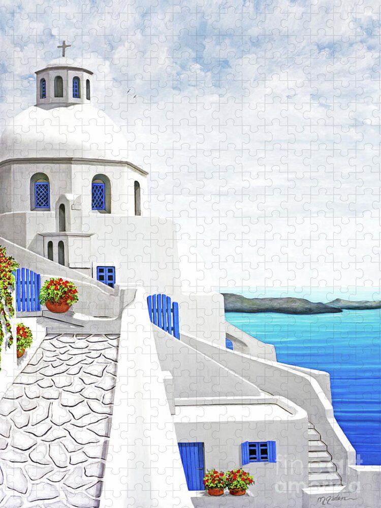 Santorini Jigsaw Puzzle featuring the painting THE FACE OF SANTORINI-prints of oil painting-Original-thinner view by Mary Grden