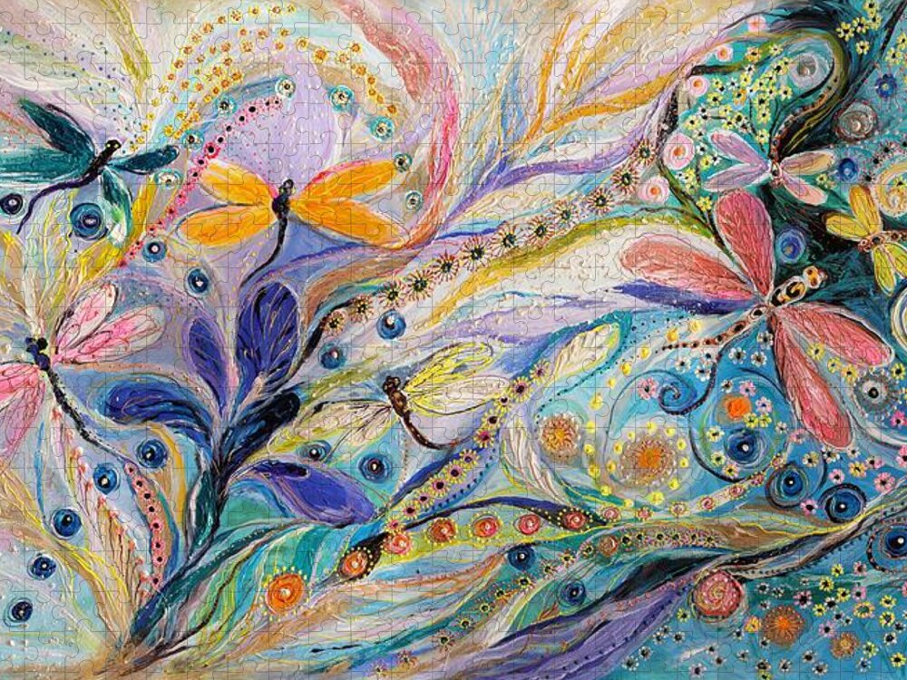 Modern Jewish Art Jigsaw Puzzle featuring the painting The flowers and dragonflies by Elena Kotliarker