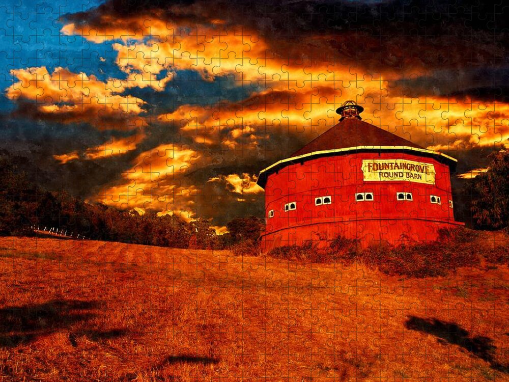 Fountaingrove Jigsaw Puzzle featuring the digital art The Fountaingrove Round Barn, near Santa Rosa, California, in sunset light by Nicko Prints