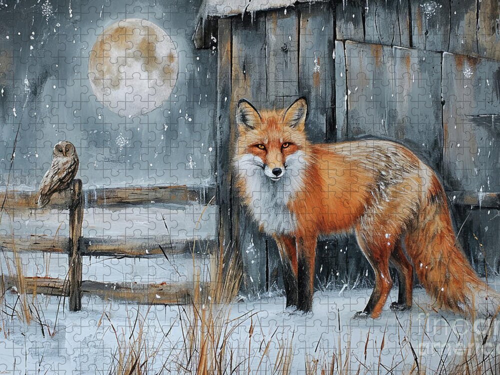 Fox Jigsaw Puzzle featuring the painting The Fox And The Owl by Tina LeCour