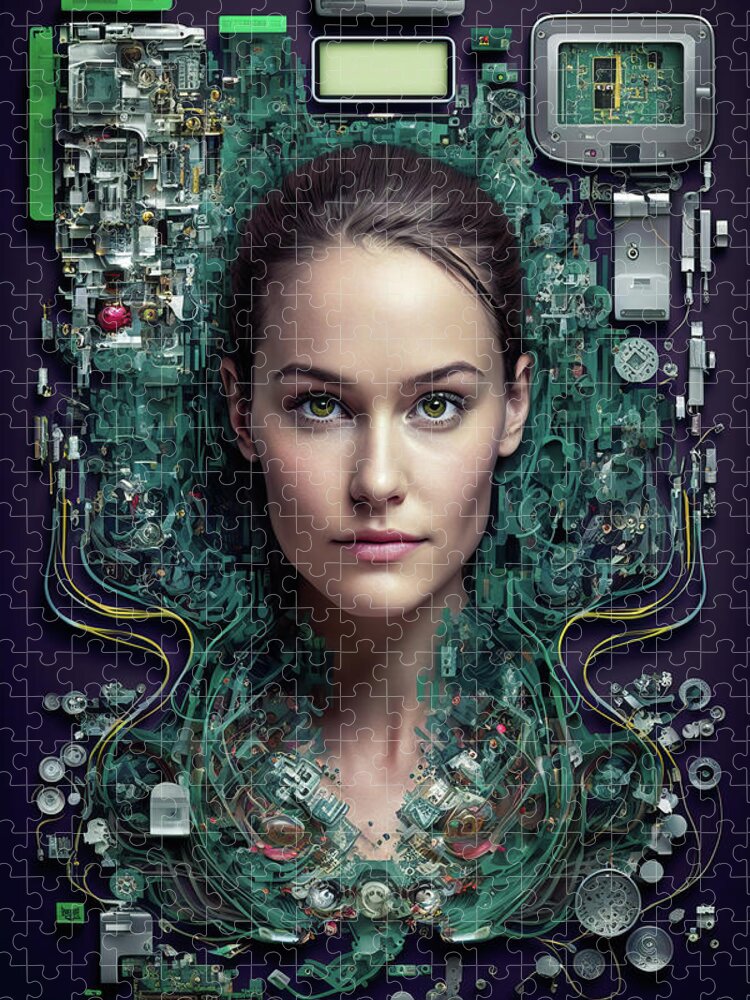 Cyborg Jigsaw Puzzle featuring the digital art The Future of AI 04 Android Woman by Matthias Hauser