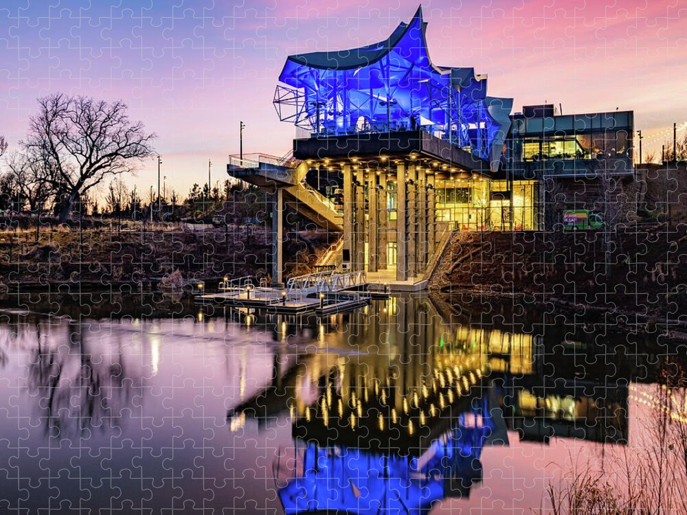 Tulsa Oklahoma Jigsaw Puzzle featuring the photograph The Gathering Place Boathouse Pond 1x1 - Tulsa Oklahoma by Gregory Ballos