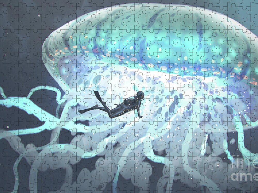 Illustration Jigsaw Puzzle featuring the painting The Glowing Jellyfish On The Deep Sea by Tithi Luadthong
