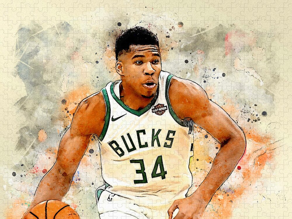 Giannis Antetokounmpo Jigsaw Puzzle featuring the painting Giannis Antetokounmpo The Greek Freak by John Farr