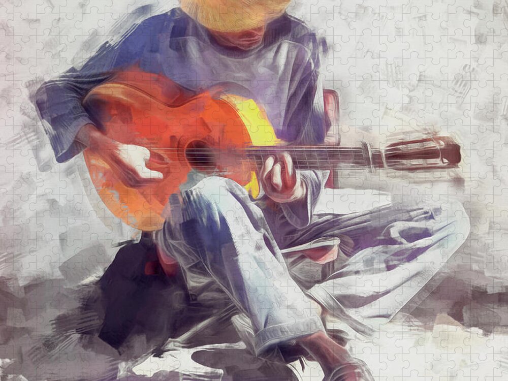Guitar Jigsaw Puzzle featuring the mixed media The Guitar Player by Mal Bray