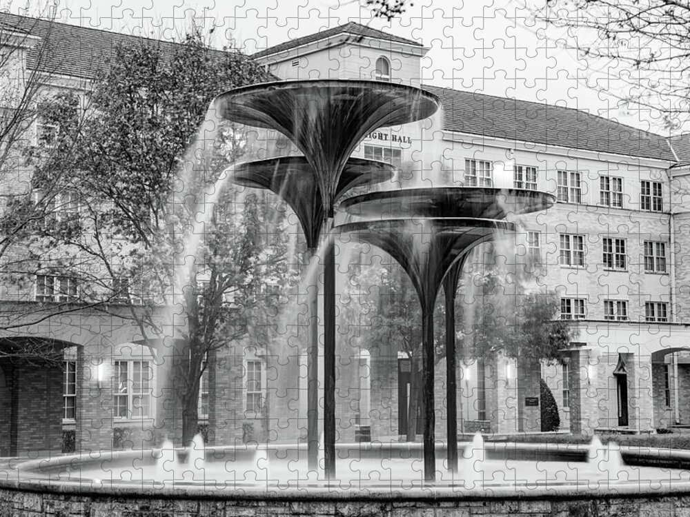 Tcu Jigsaw Puzzle featuring the photograph The Horned Frog Fountain At TCU - Black and White by Gregory Ballos