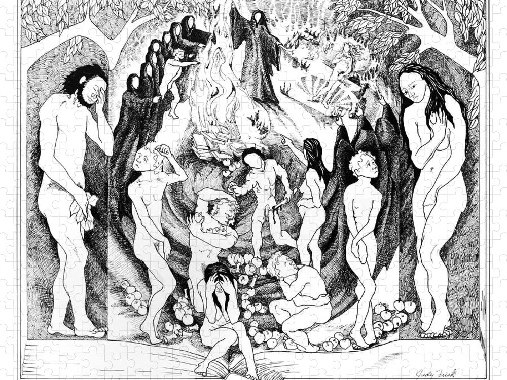 Adam And Eve Jigsaw Puzzle featuring the painting The Indoctrination of Shame by Judy Frisk
