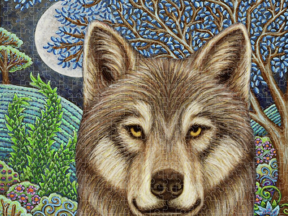 Wolf Jigsaw Puzzle featuring the painting The Kazakh Wolf Moon by Amy E Fraser