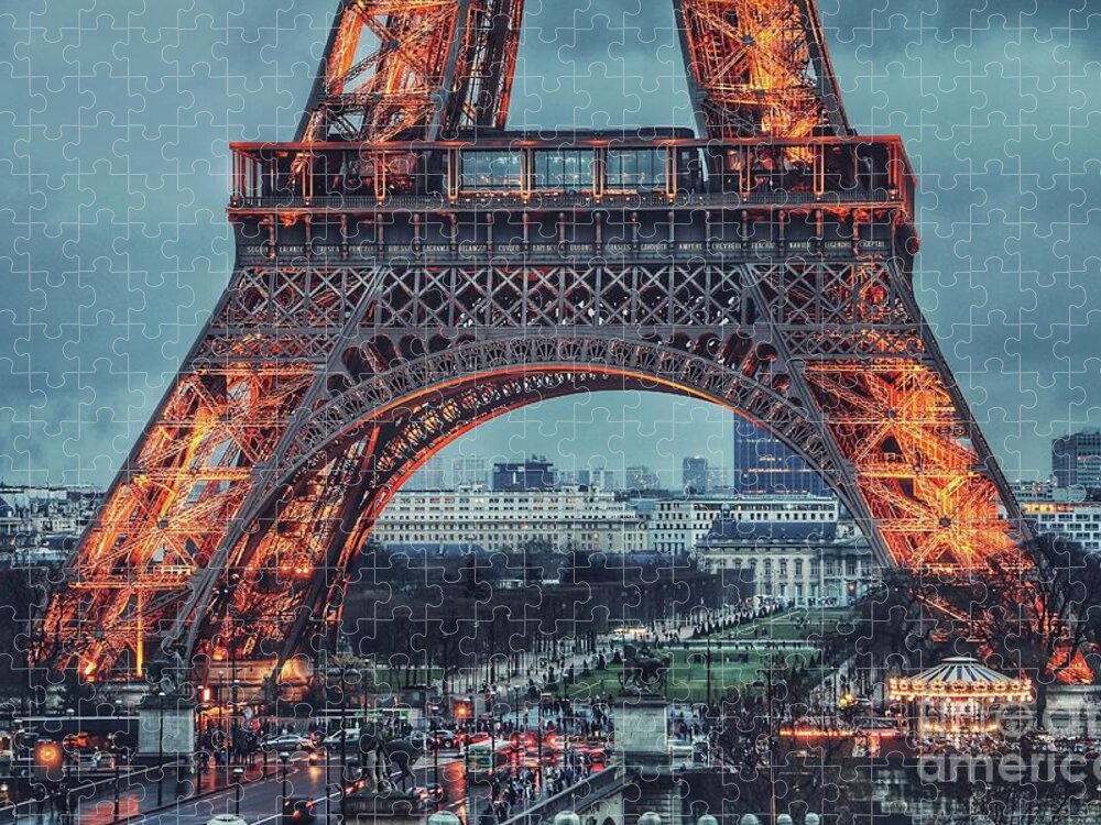 Architecture Jigsaw Puzzle featuring the mixed media The landmark Eiffel Tower in Paris by Word Fandom