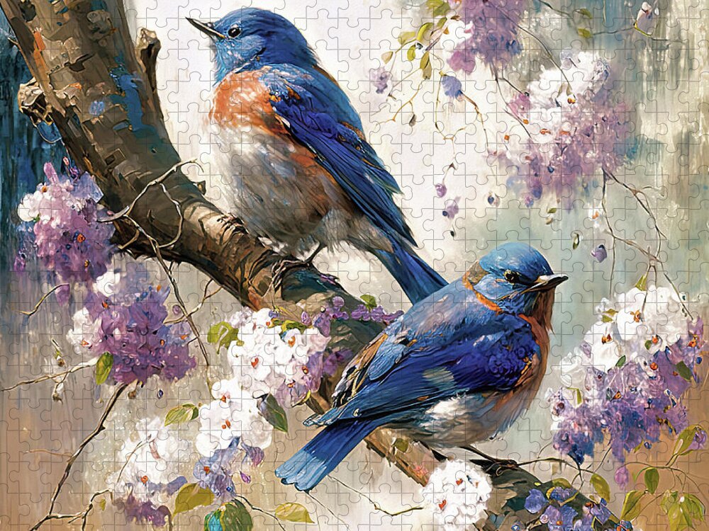 Bluebirds Jigsaw Puzzle featuring the painting The Lovely Bluebirds by Tina LeCour