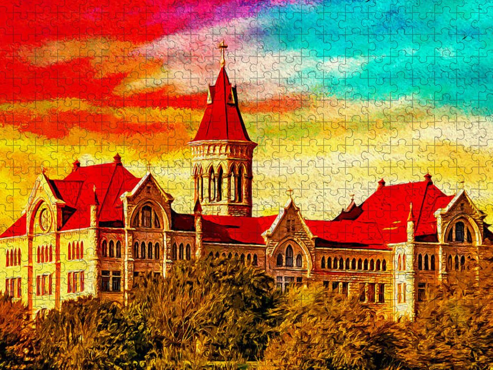 Main Building Jigsaw Puzzle featuring the digital art The Main Building of St. Edward's University in Austin, Texas, at sunset - digital painting by Nicko Prints