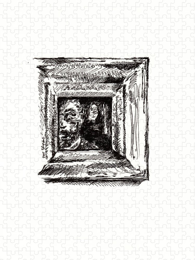 Mirror Jigsaw Puzzle featuring the drawing The Man In The Mirror by Joseph A Langley