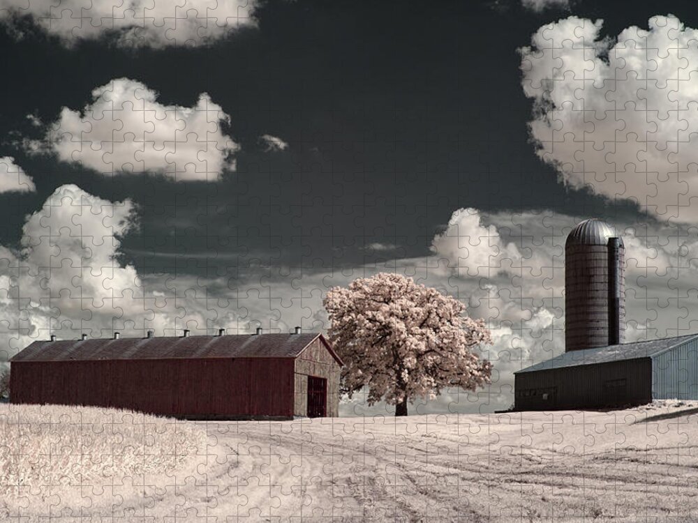 Tobacco Jigsaw Puzzle featuring the photograph The Moe Farm tobacco shed, oak and silo near Stoughton WI by Peter Herman