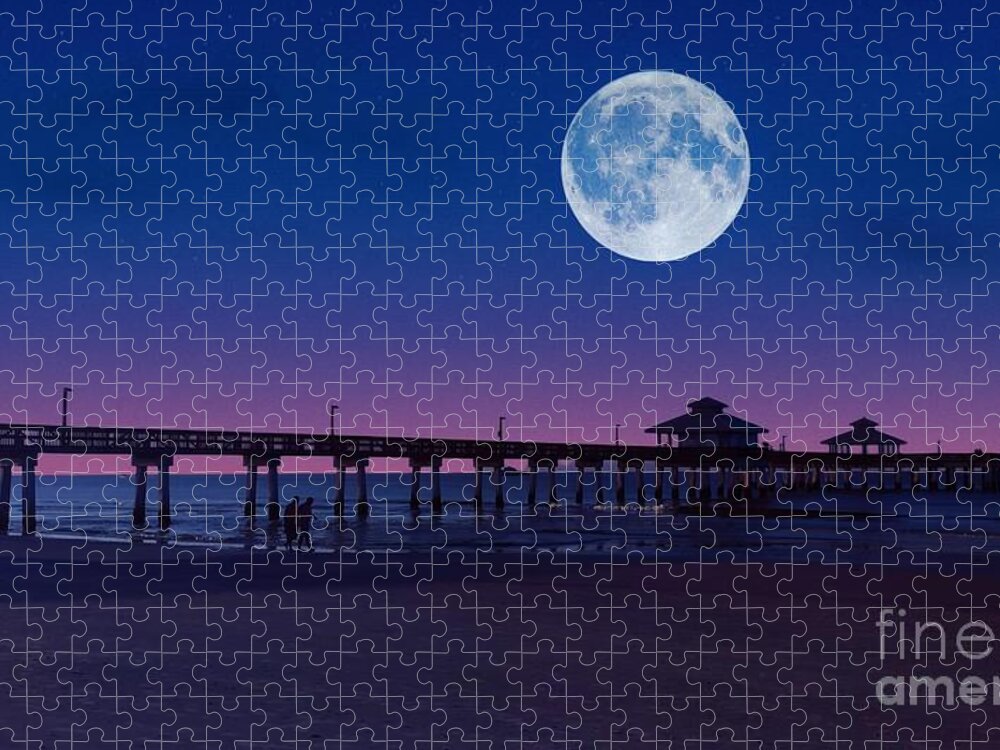 Digital Art Jigsaw Puzzle featuring the photograph Moon Over Pier by Claudia Zahnd-Prezioso