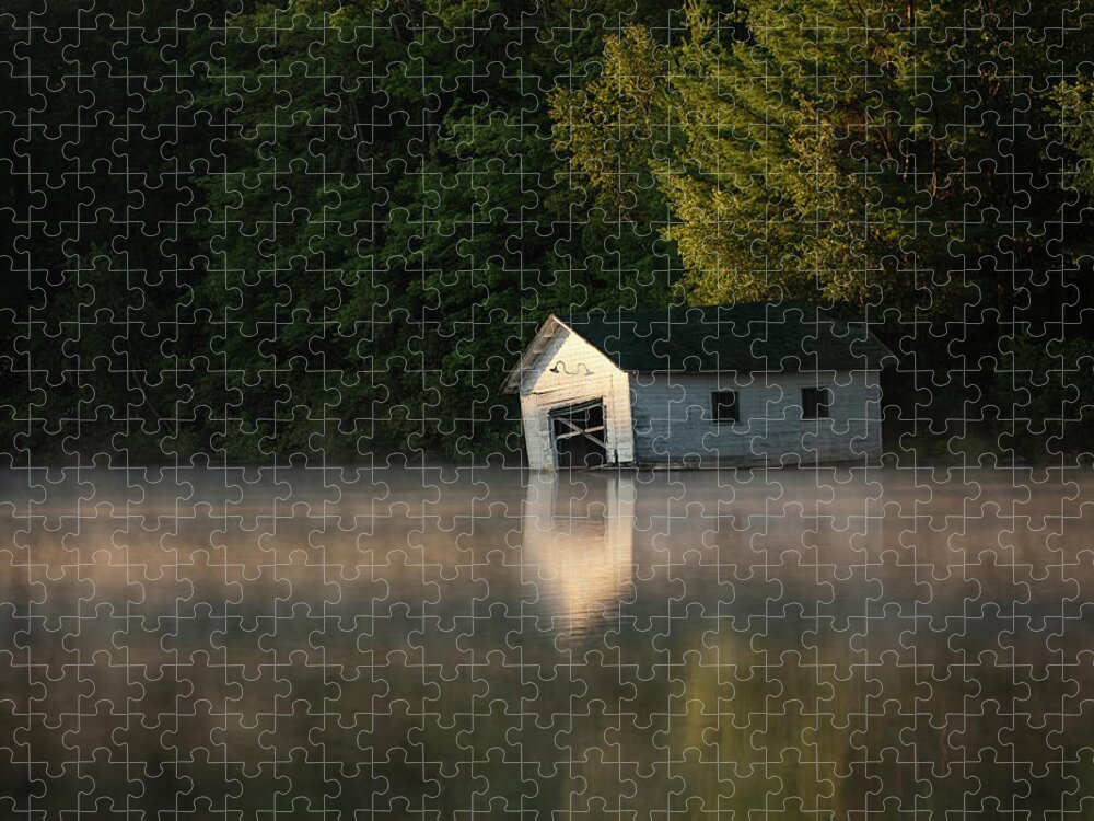 Mist Jigsaw Puzzle featuring the photograph The Old Boathouse at Sunrise by Denise Kopko