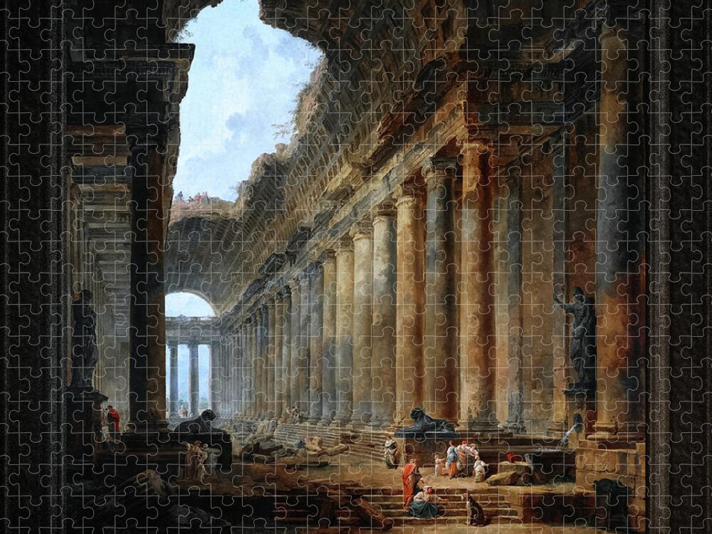 The Old Temple Jigsaw Puzzle featuring the painting The Old Temple by Hubert Robert Old Masters Fine Art Reproduction by Xzendor7