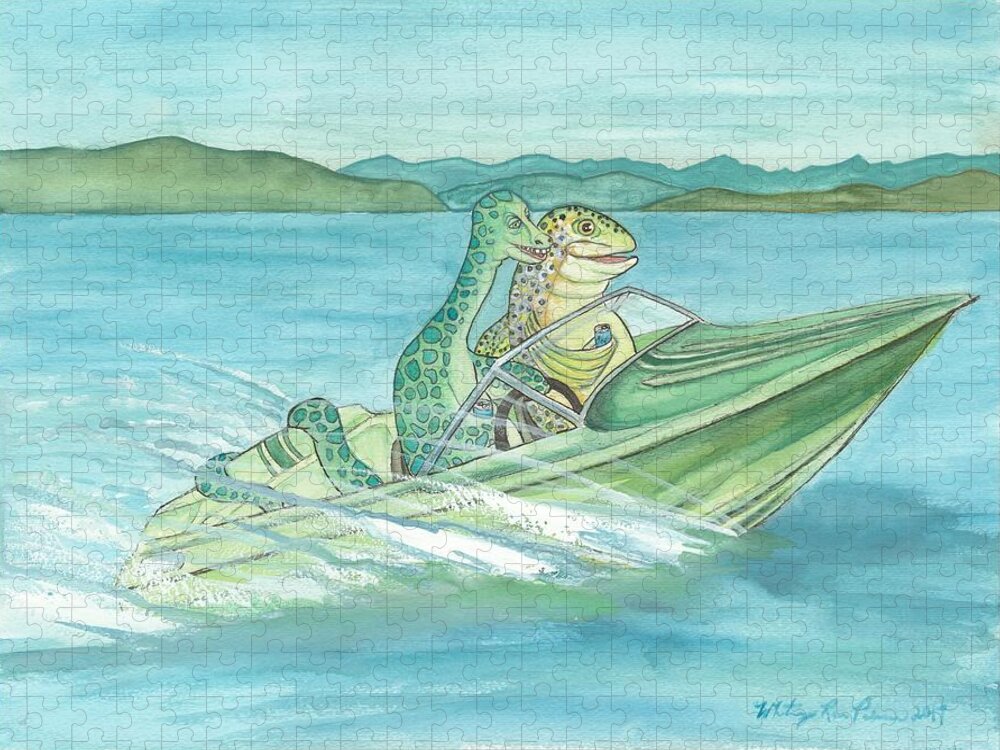 Pend Oreille Paddler Jigsaw Puzzle featuring the painting The Paddler and a Brook Trout go for Cruise by Whitney Palmer