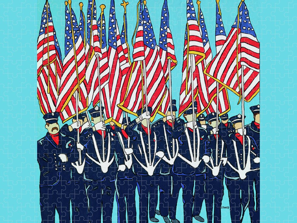 Usa Firemen Memorialday Flag America Americanflag Flags Parade Memorialdayparade Jigsaw Puzzle featuring the painting The Parade by Mike Stanko