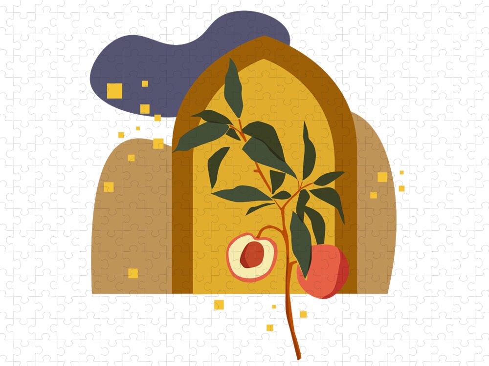 Food Poster Jigsaw Puzzle featuring the digital art THE PEACH TREE, Botanical Wall Art Set, Abstract Print, Boho Print, Botanical Print, Tree Prints by Mounir Khalfouf