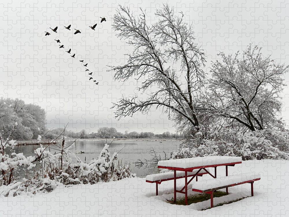 Yahara Jigsaw Puzzle featuring the photograph The Picnic is Over, Let's Head South - red snow covered picnic table and geese at Yahara river WI by Peter Herman