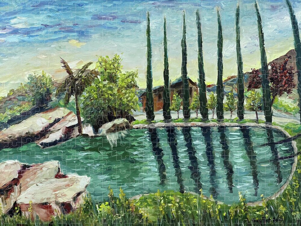 Gershon Bachus Vintners Jigsaw Puzzle featuring the painting The Pond at Gershon Bachus Vintners Temecula by Roxy Rich