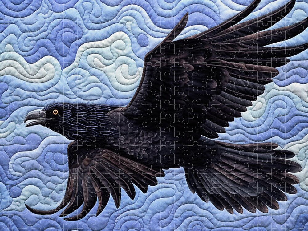 Ravens Jigsaw Puzzle featuring the digital art The Raven - Quilted by Peggy Collins