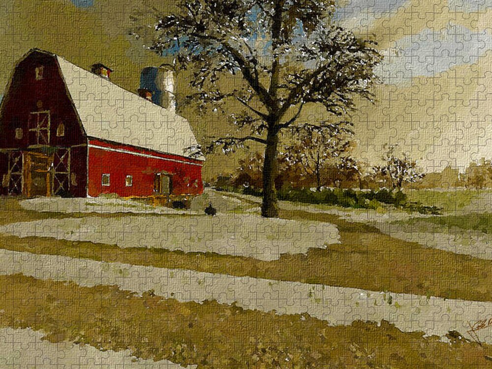 Winter Jigsaw Puzzle featuring the painting The Red Barn by Charlie Roman