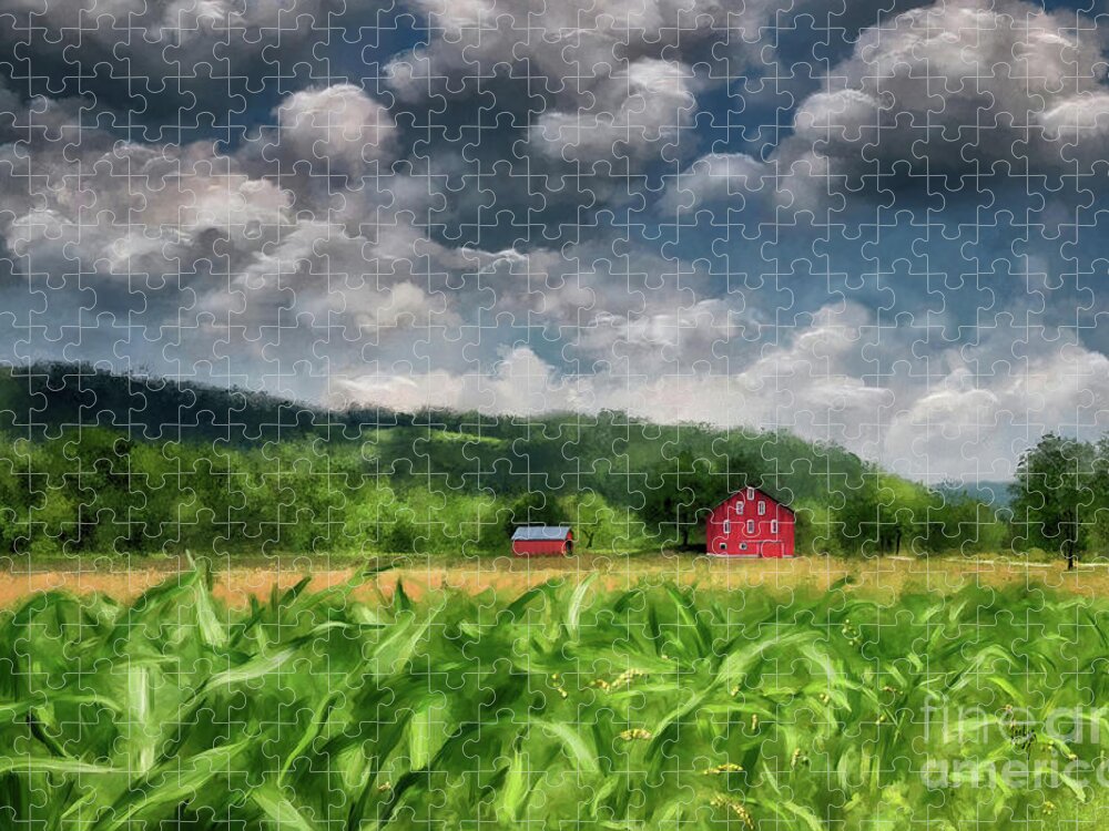Barn Jigsaw Puzzle featuring the digital art The Red Barn on Burnt House Road by Lois Bryan