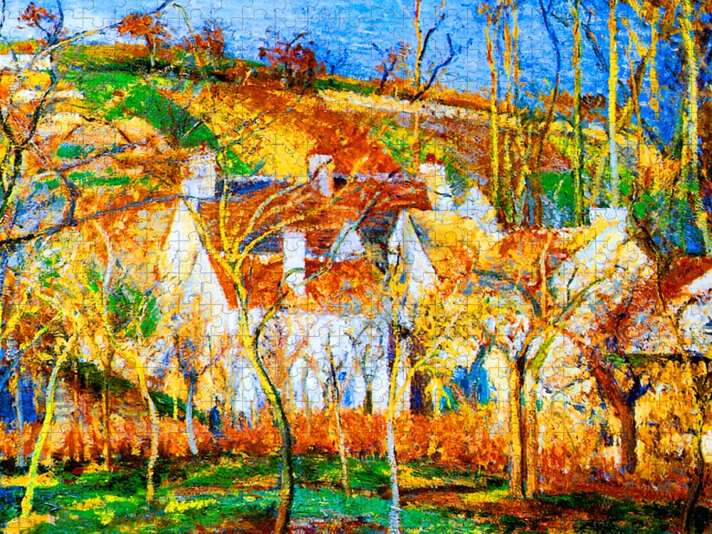 Camille Jigsaw Puzzle featuring the painting The Red Roofs, Corner of a Village Winter 1877 by Camille Pissarro