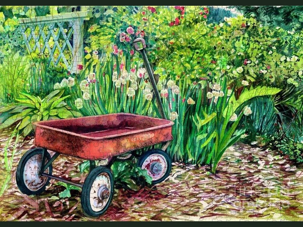 The Red Wagon Watercolor Painting By Cynthia Pride Jigsaw Puzzle featuring the painting The Red Wagon by Cynthia Pride