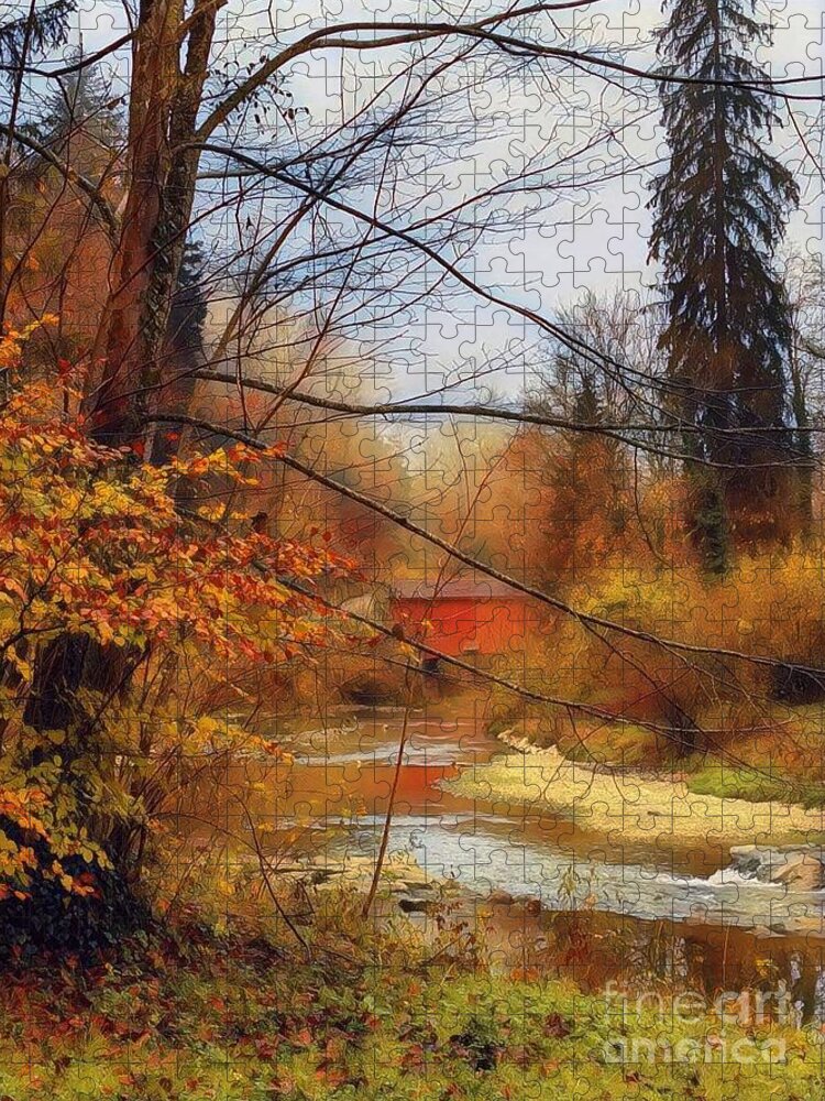 Bridge Jigsaw Puzzle featuring the photograph The Red Wooden Bridge During Autumn by Claudia Zahnd-Prezioso
