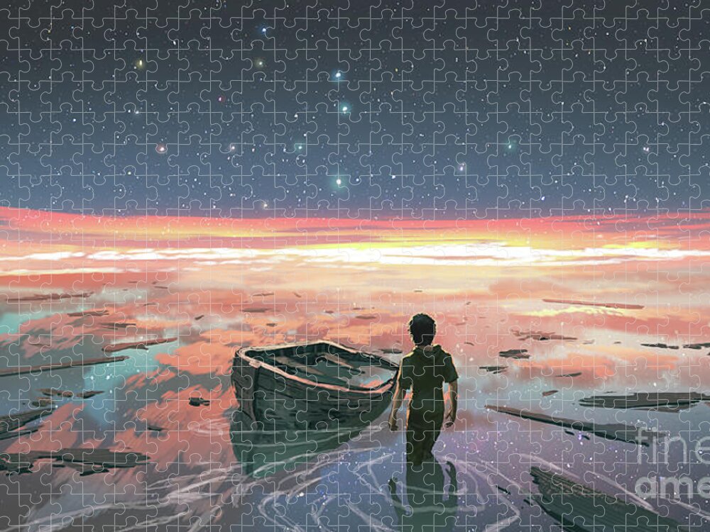 Illustration Jigsaw Puzzle featuring the painting The riber with upside down sky by Tithi Luadthong