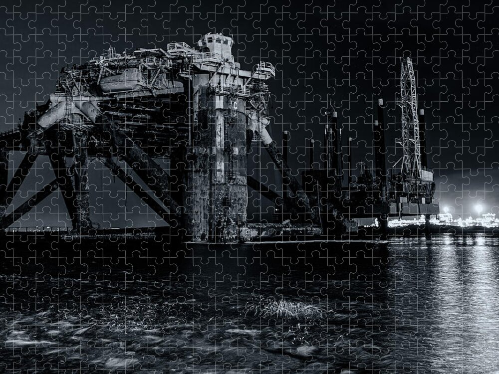 Offshore Drilling Jigsaw Puzzle featuring the photograph The Rig Black and White by Jerry Connally