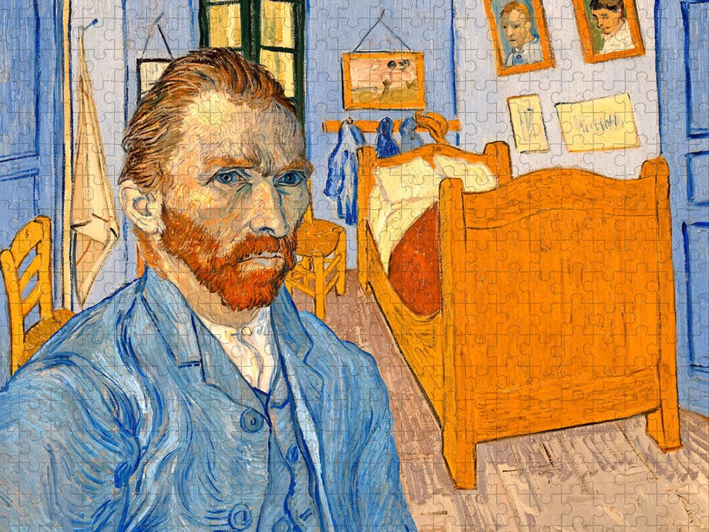 Bedroom In Arles Jigsaw Puzzle featuring the digital art The self-portrait of Vincent van Gogh in front of the Bedroom in Arles - digital recreation by Nicko Prints