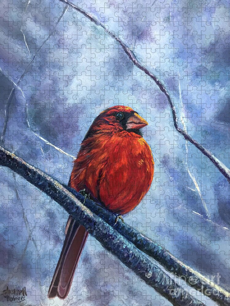 Original Oil Painting Jigsaw Puzzle featuring the painting The Sentinel Cardinal by Sherrell Rodgers