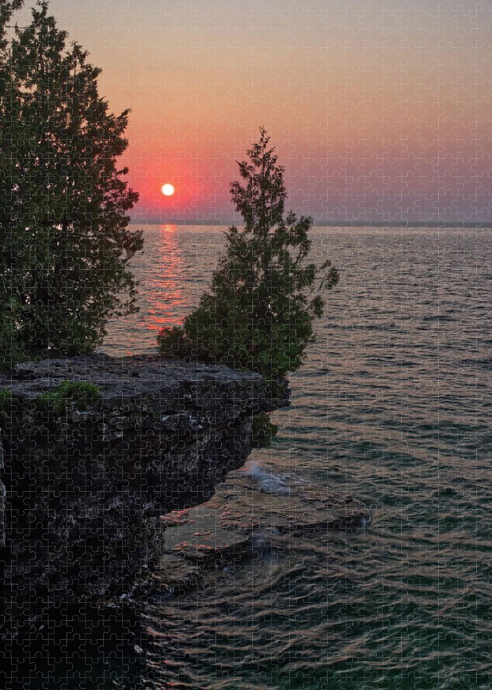Cave Point Jigsaw Puzzle featuring the photograph The Sentinel Cedar - the iconic cedar watching over Lake Michigan at Cave Point 2 - Door County WI by Peter Herman