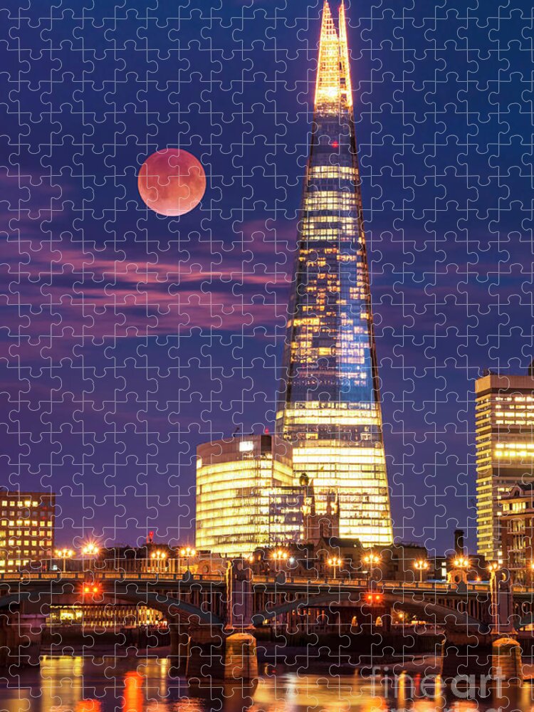 London Jigsaw Puzzle featuring the photograph The Shard and red moon, London by Neale And Judith Clark