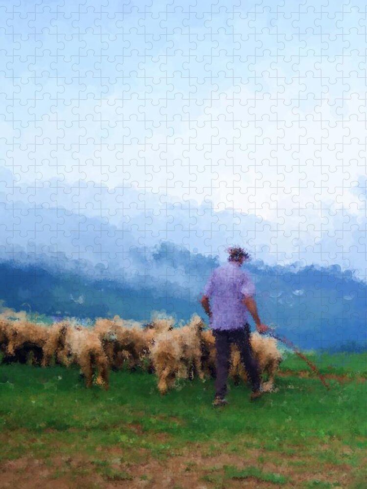  Jigsaw Puzzle featuring the digital art The Sheep And The Shepherd by Armin Sabanovic