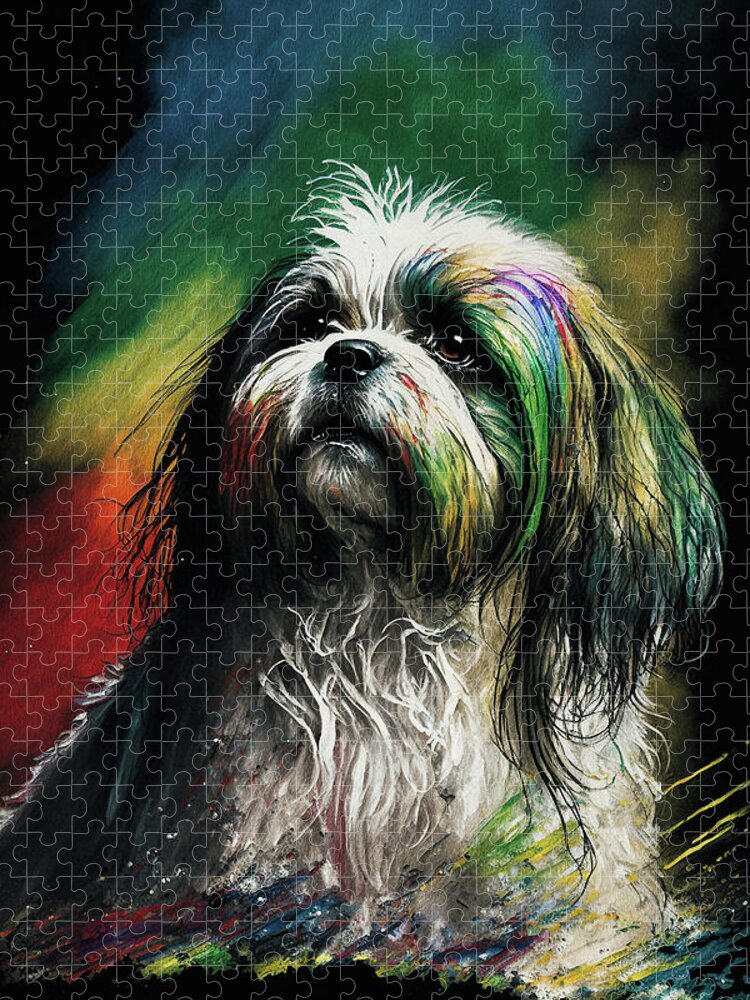 Shih Tzu Jigsaw Puzzle featuring the painting The Shih Tzu Dog - Composition 007 by Aryu