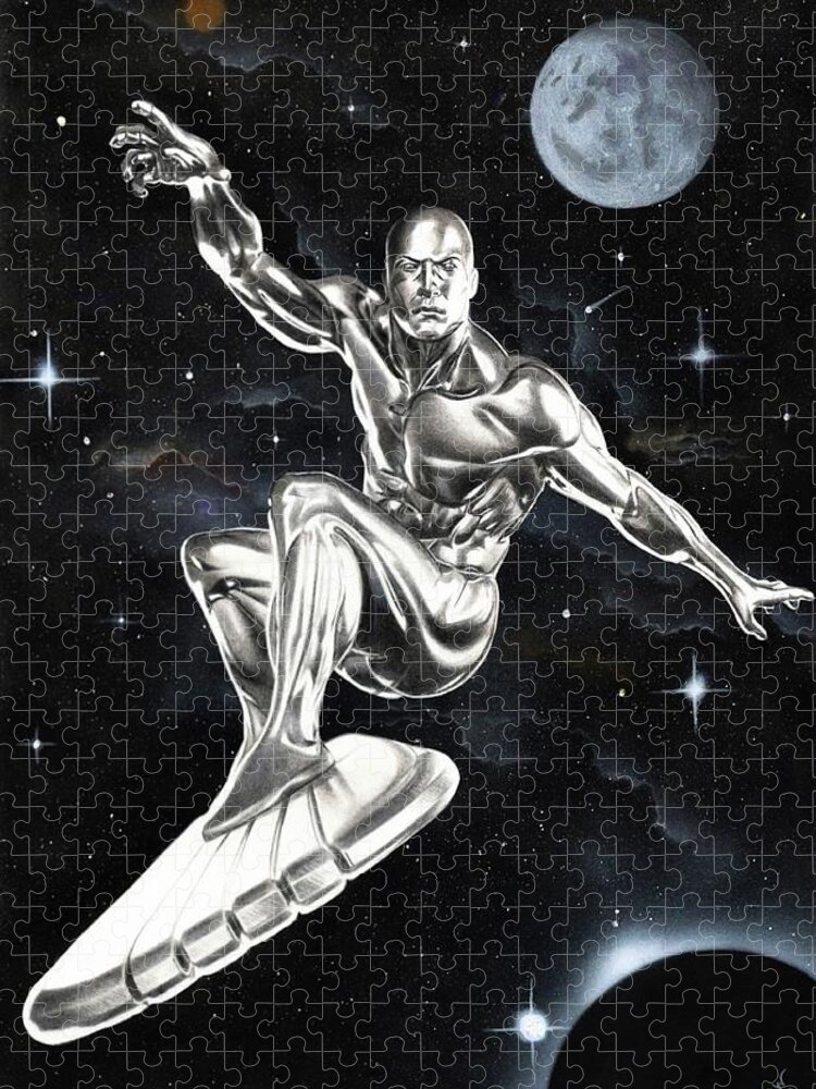 The Silver Surfer Jigsaw Puzzle featuring the drawing The Silver Surfer by JPW Artist