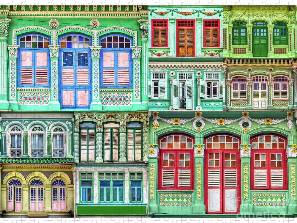 Singapore Jigsaw Puzzle featuring the photograph The Singapore Shophouse, in GREEN 1 by John Seaton Callahan