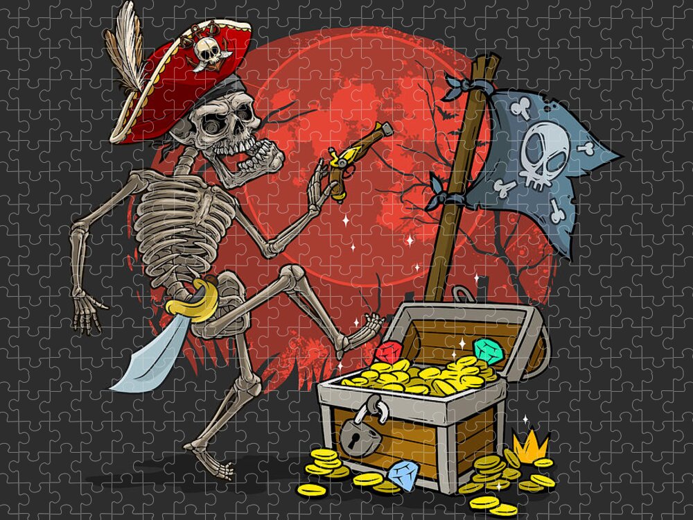 Skull Jigsaw Puzzle featuring the digital art The skeleton pirate and the treasure, funny halloween party illustration by Mounir Khalfouf