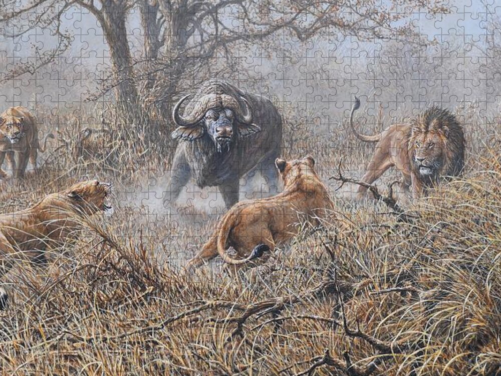 Buffalo Jigsaw Puzzle featuring the painting The Stand Off by Alan M Hunt