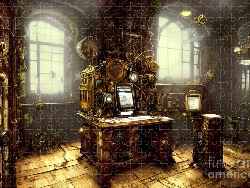 Wingsdomain Jigsaw Puzzle featuring the mixed media The Steampunk High Tech Office 20221010t by Wingsdomain Art and Photography