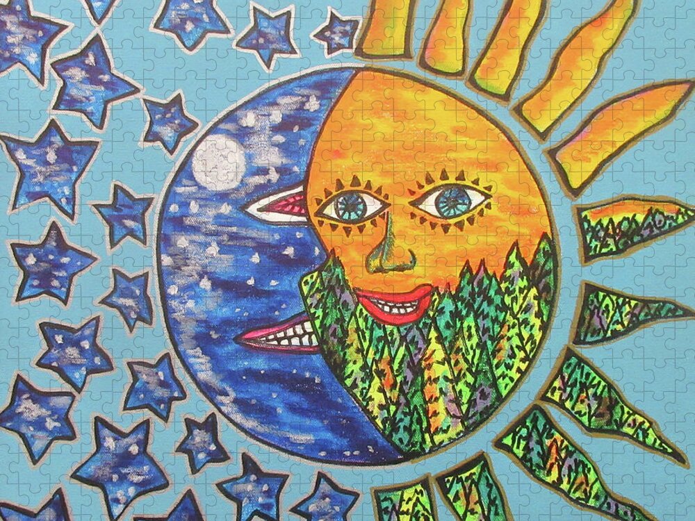 Abstract Folk Art Sun Moon Stars Pillow Cushion Mask Fun Jigsaw Puzzle featuring the painting The Sun ,the Moon, And The Stars by Bradley Boug